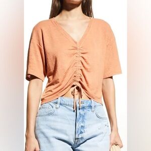 Frame Terracotta Orange Ruched Crop Cinched Front Tee 100% Linen Blouse Size M